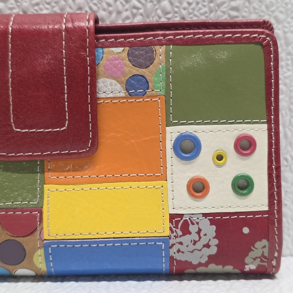 Fossil Red Leather Multicolor Patchwork Wallet Vintage